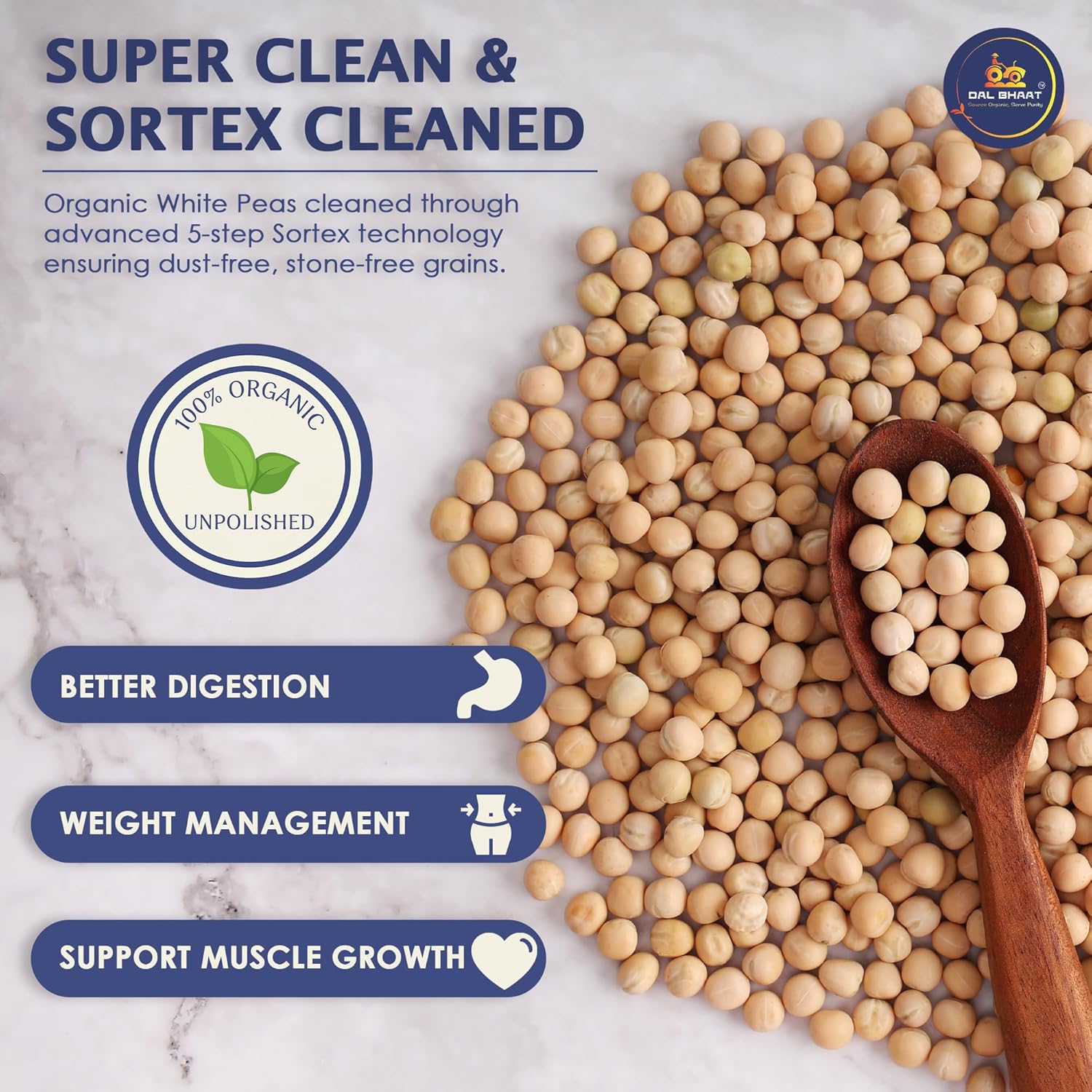 DAL BHAAT Organic Unpolished White Peas, Natural Unpolished Pulses for Daily Cooking, Protein n Fiber Rich, Fresh n Clean Pantry Staple_450gm