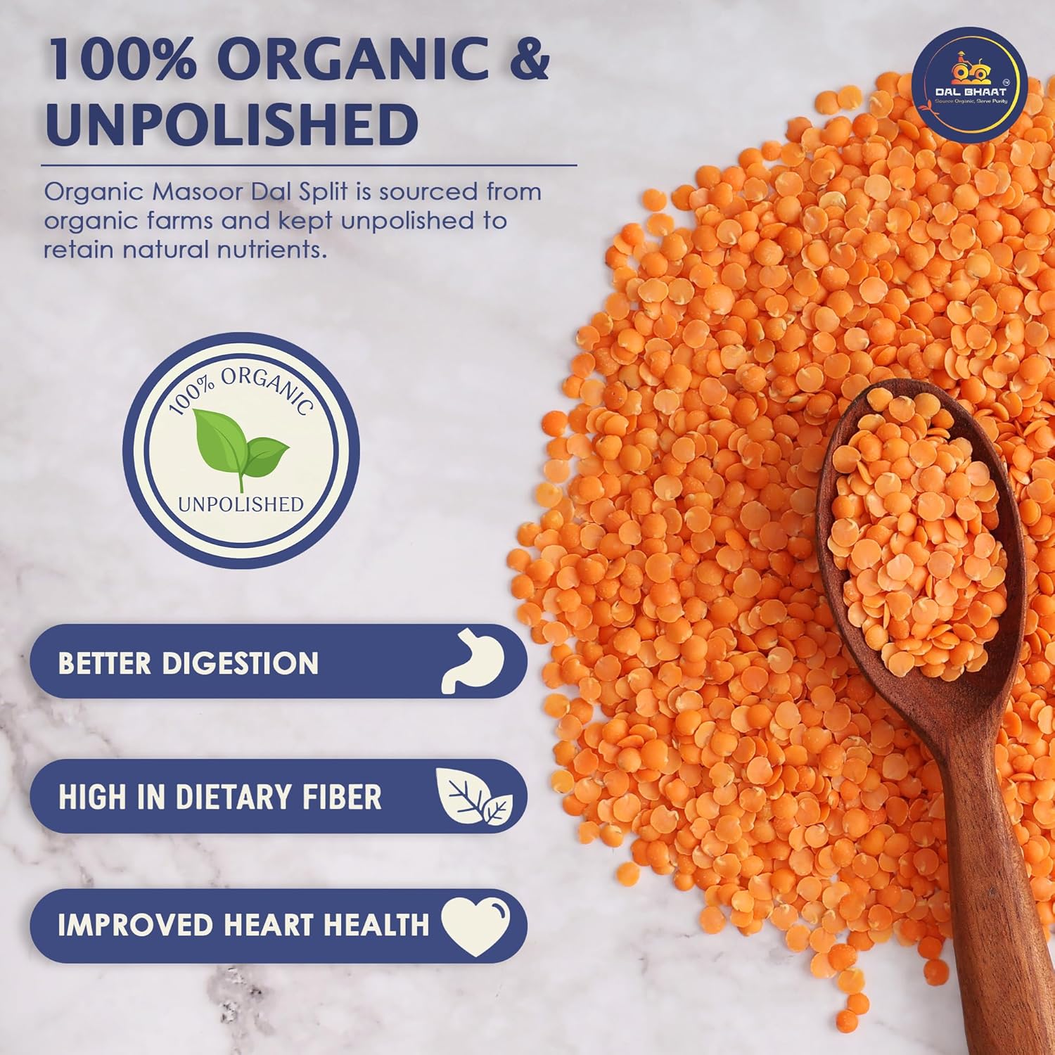 DAL BHAAT Organic Unpolished Masoor Dal 450g pack with split red lentils organic and unpoloshed

