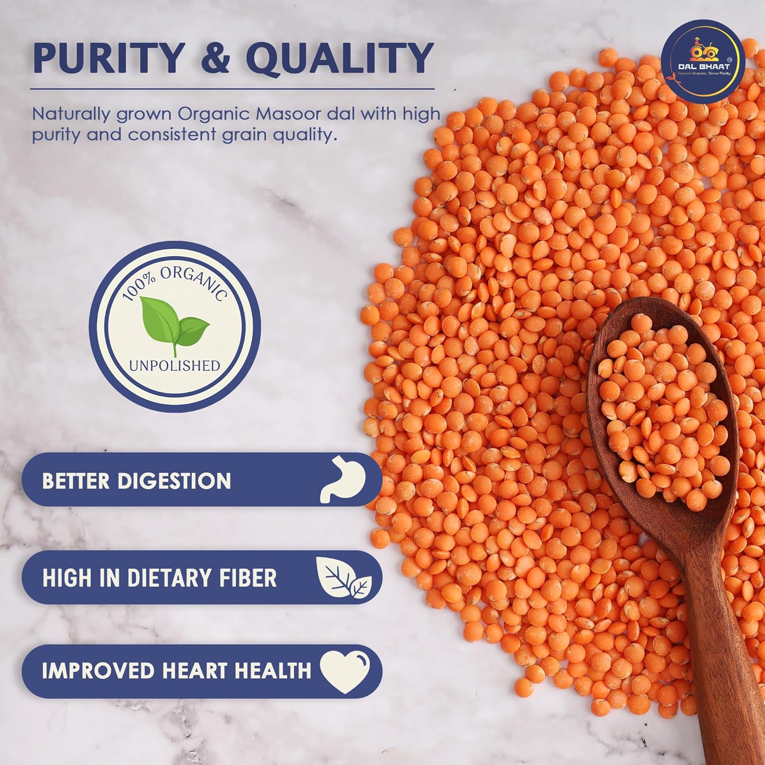 DAL BHAAT Organic Unpolished Masoor Malka 450g pack with whole skinless red lentils
