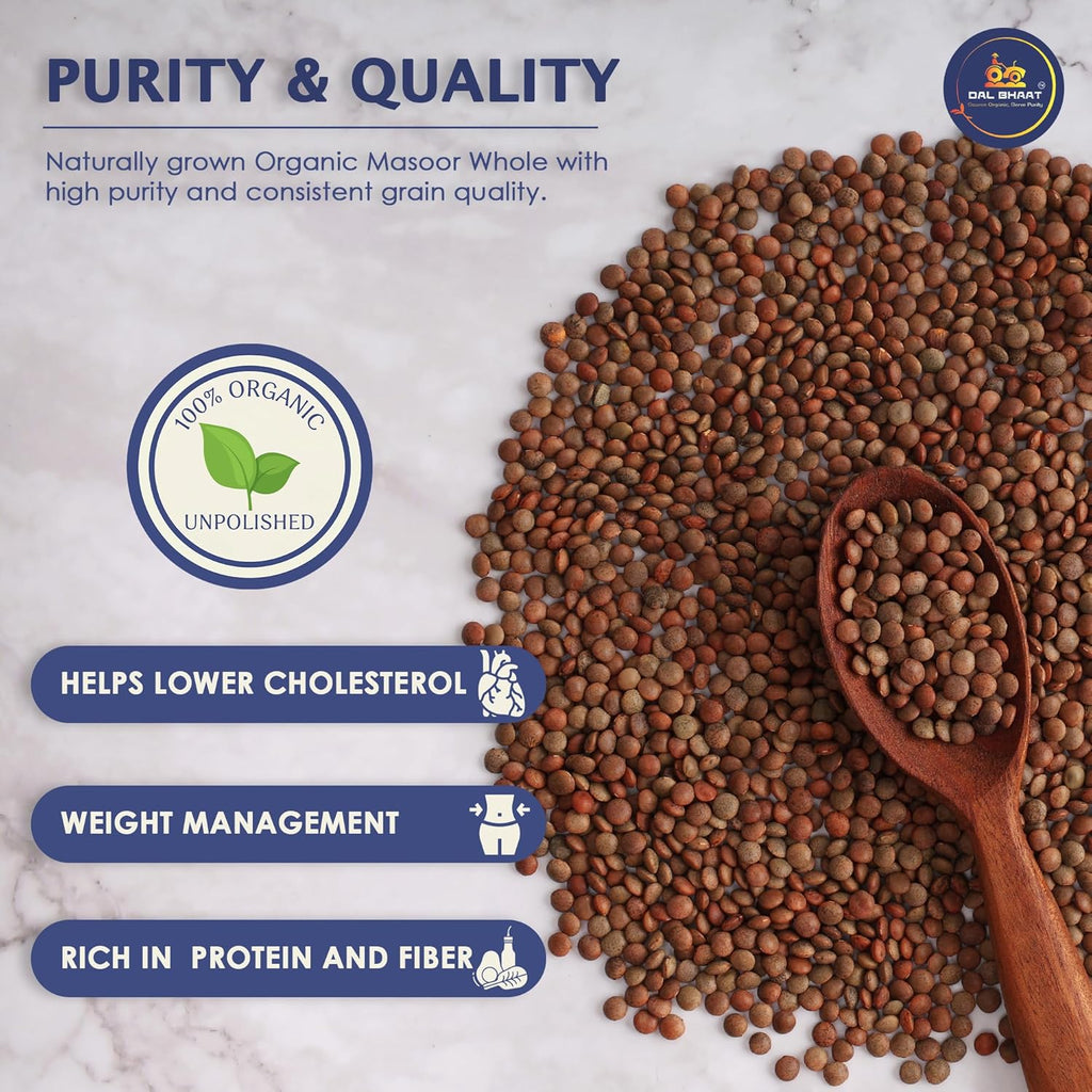 DAL BHAAT Organic Unpolished Masoor Whole 450g pack with red lentils purity and qulity
