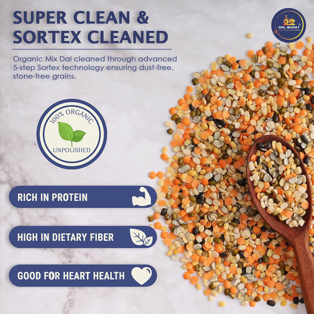 Alt: DAL BHAAT Organic Unpolished Mix Dal 450g pack with mixed pulses super clean and sortex cleaned