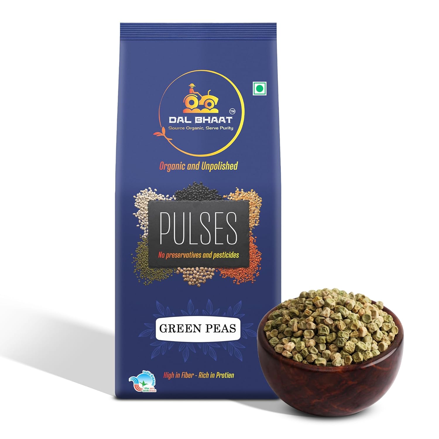 DAL BHAAT Organic Unpolished Green Peas 450g pack front view
