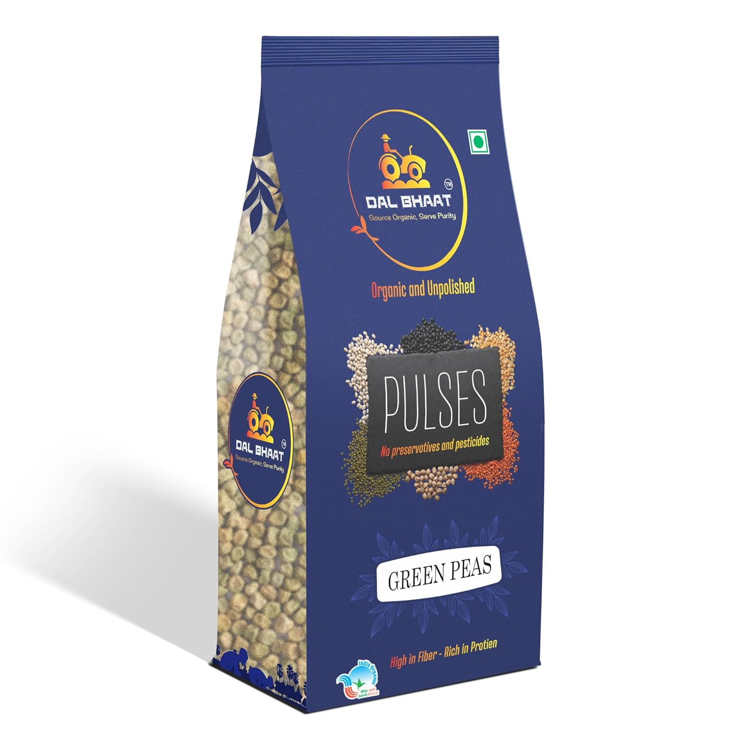 DAL BHAAT Organic Unpolished Green Peas 450g ingredients and nutrition sideview
