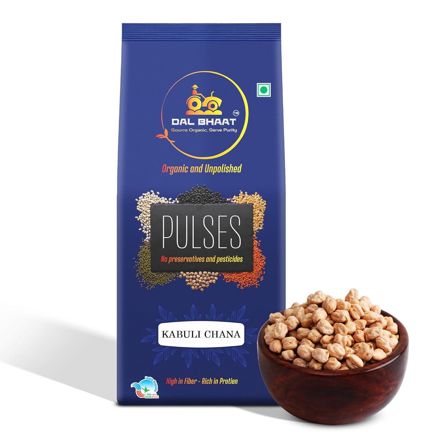 DAL BHAAT Organic Unpolished Kabuli Chana Chickpeas 58-60 450g pack front view
