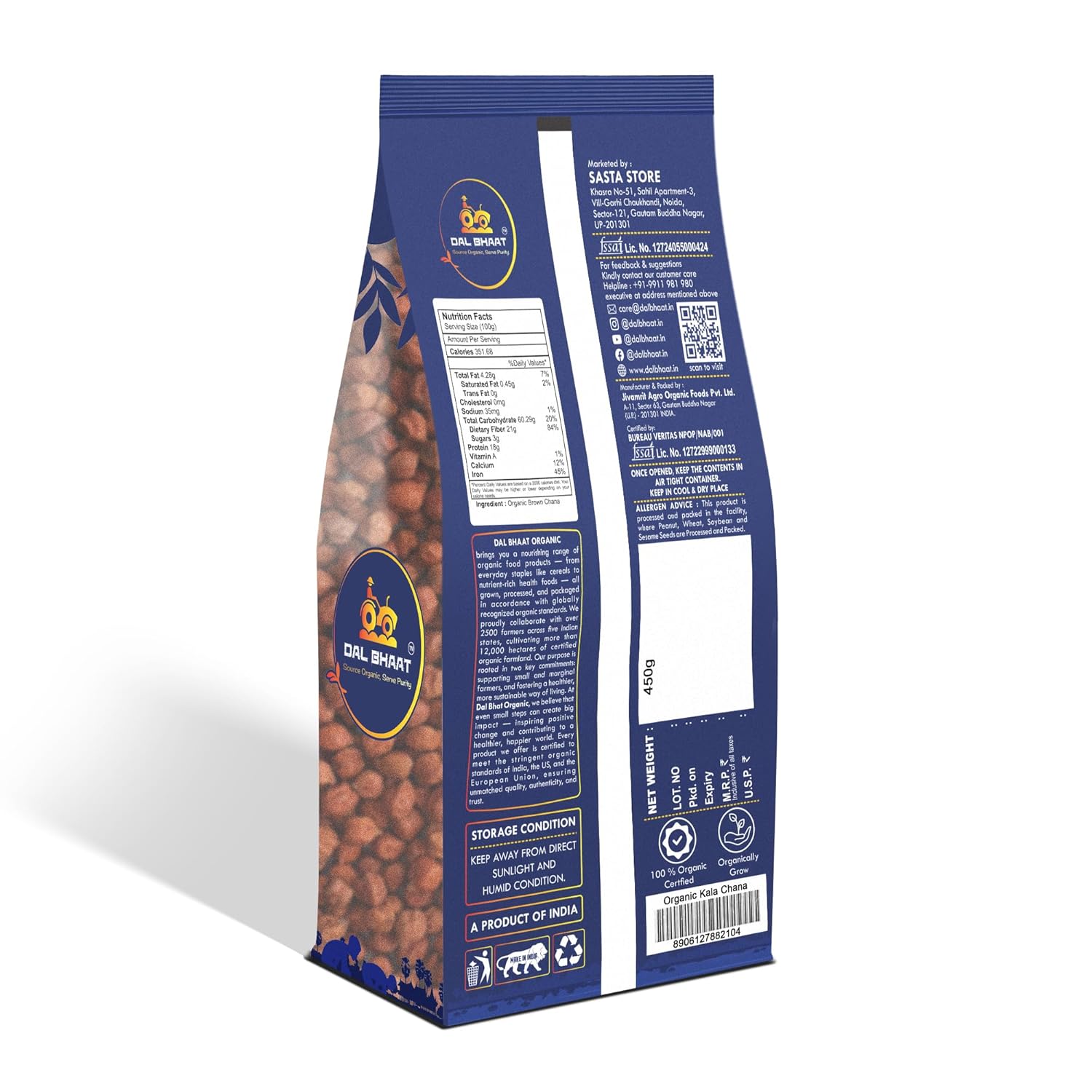 Alt: DAL BHAAT Organic Unpolished Kala Chana 450g ingredients and nutrition back side
