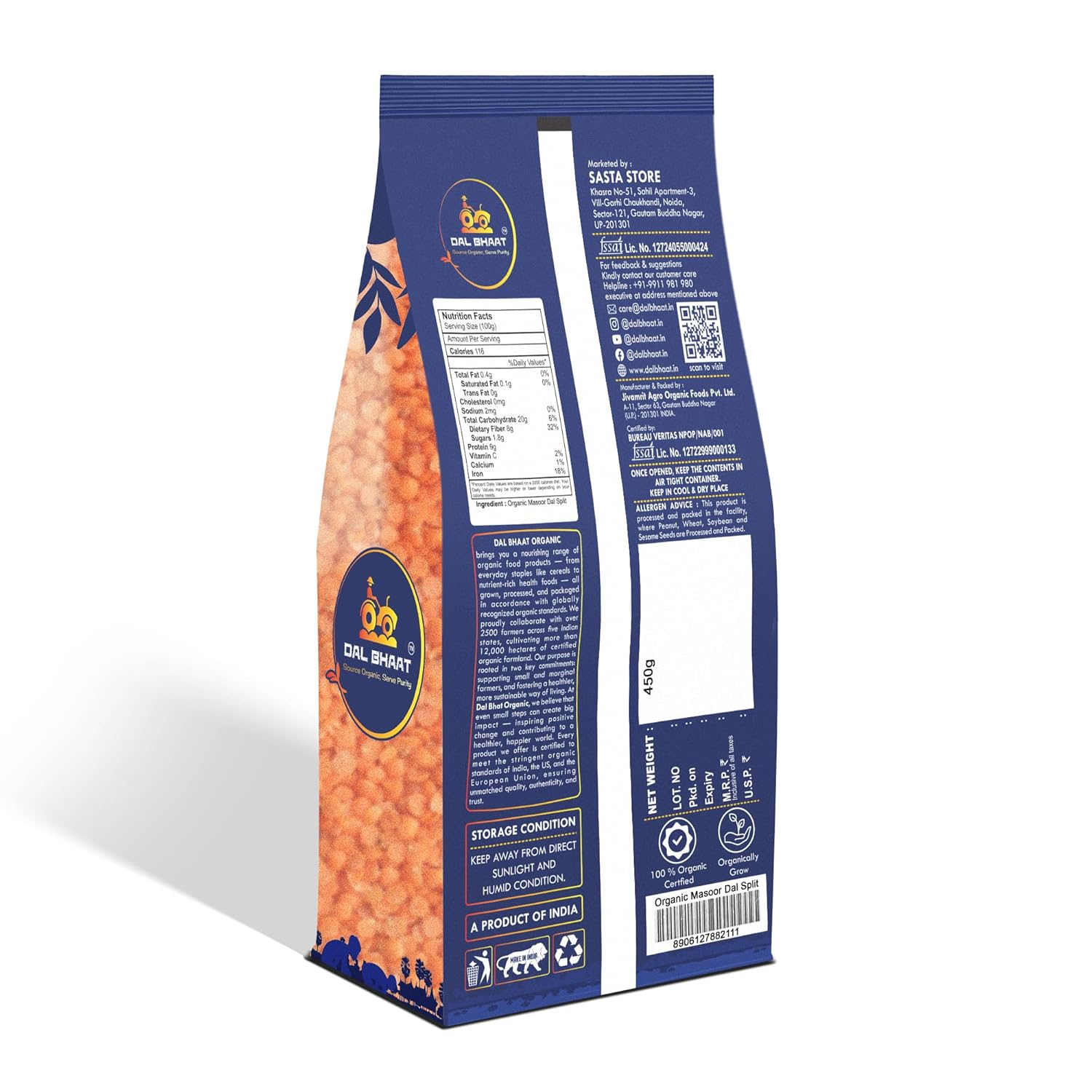 DAL BHAAT Organic Unpolished Masoor Dal 450g ingredients and nutrition back side
