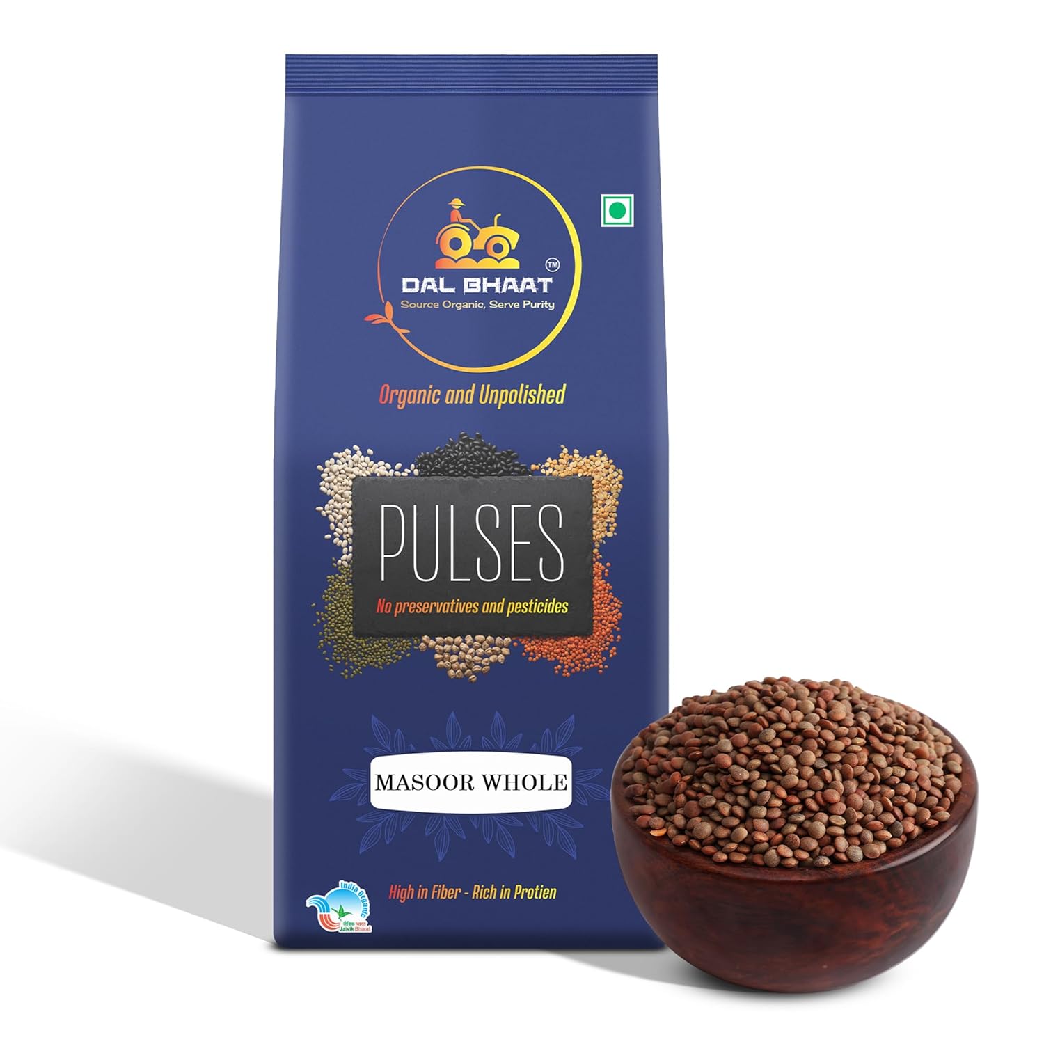 DAL BHAAT Organic Unpolished Masoor Whole whole red lentil with skin 450g pack front view
