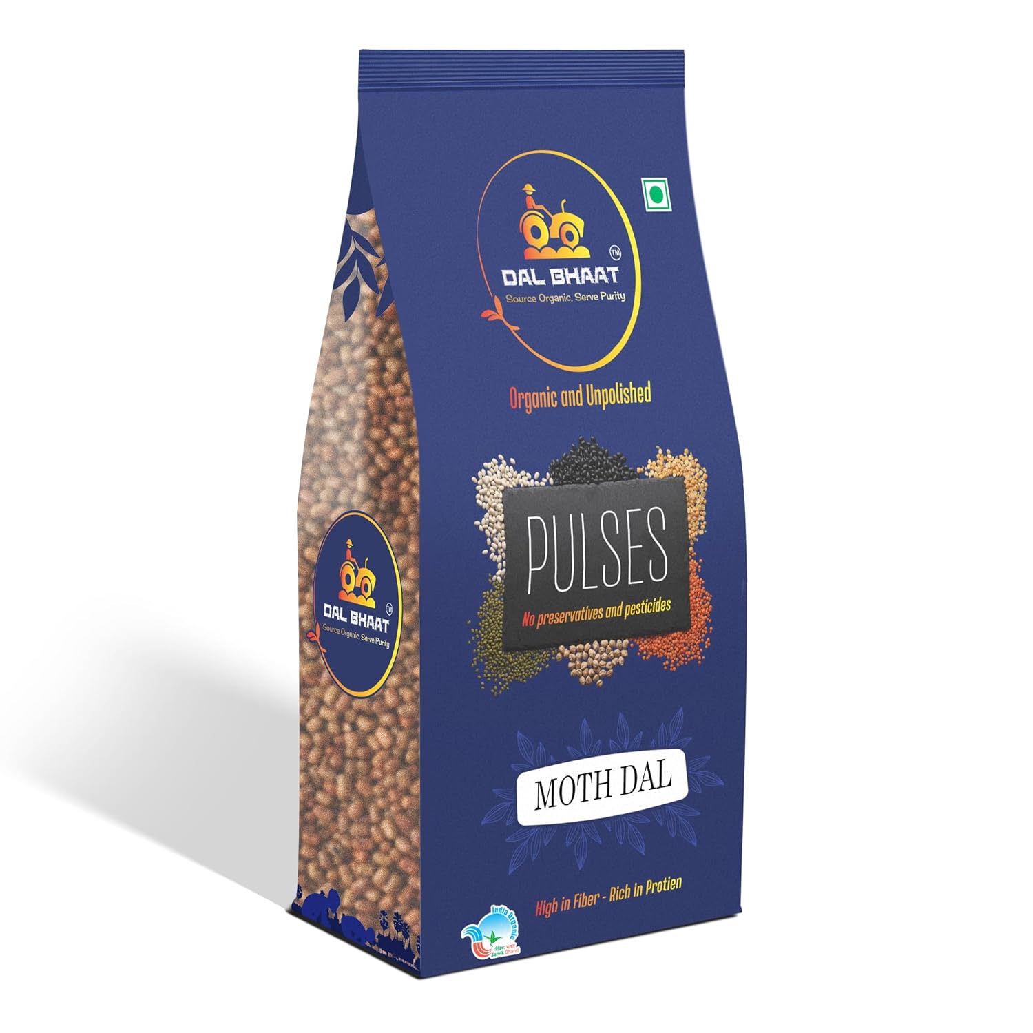 DAL BHAAT Organic Unpolished Matki 450g ingredients and nutrition side view
