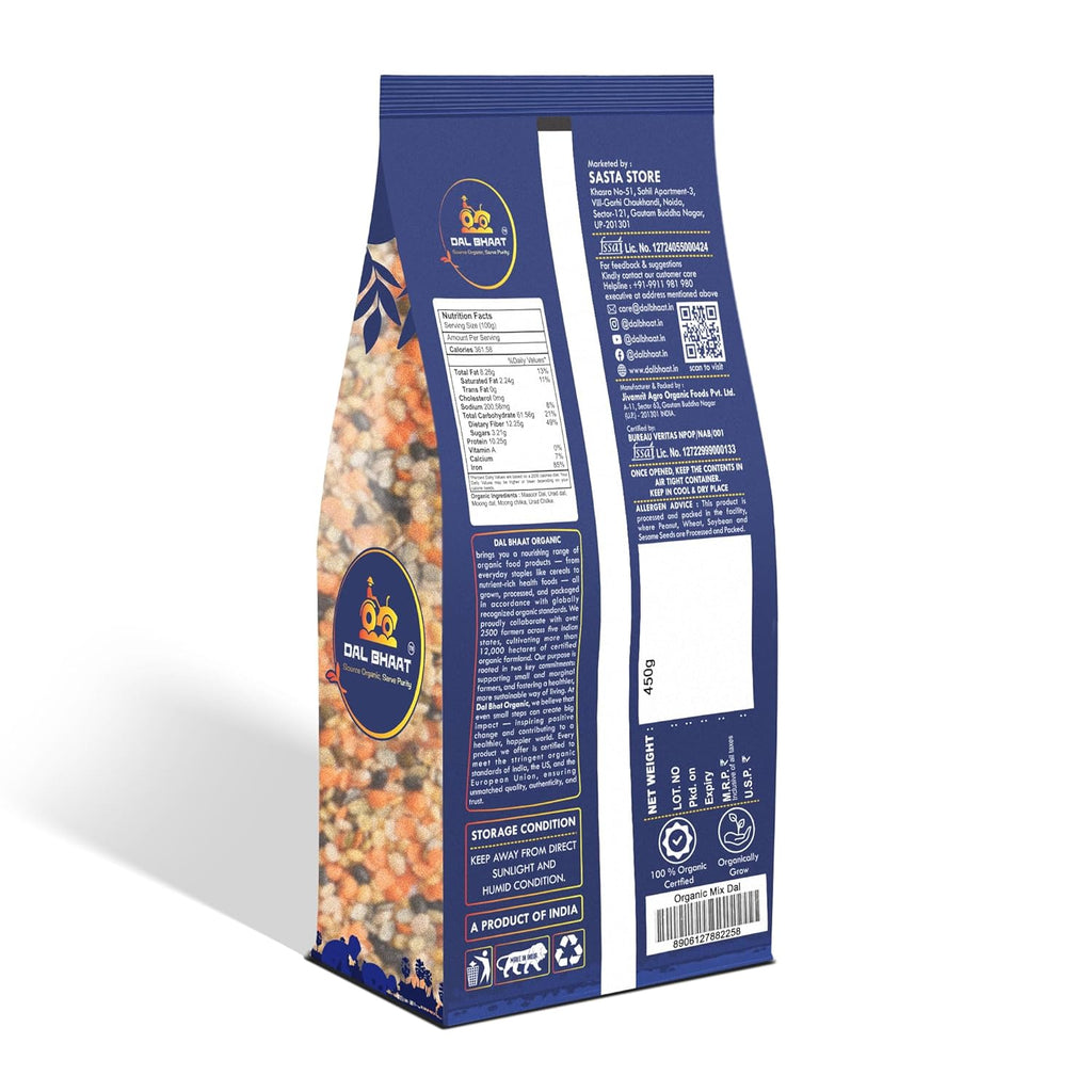 DAL BHAAT Organic Unpolished Mix Dal 450g ingredients and nutrition back side