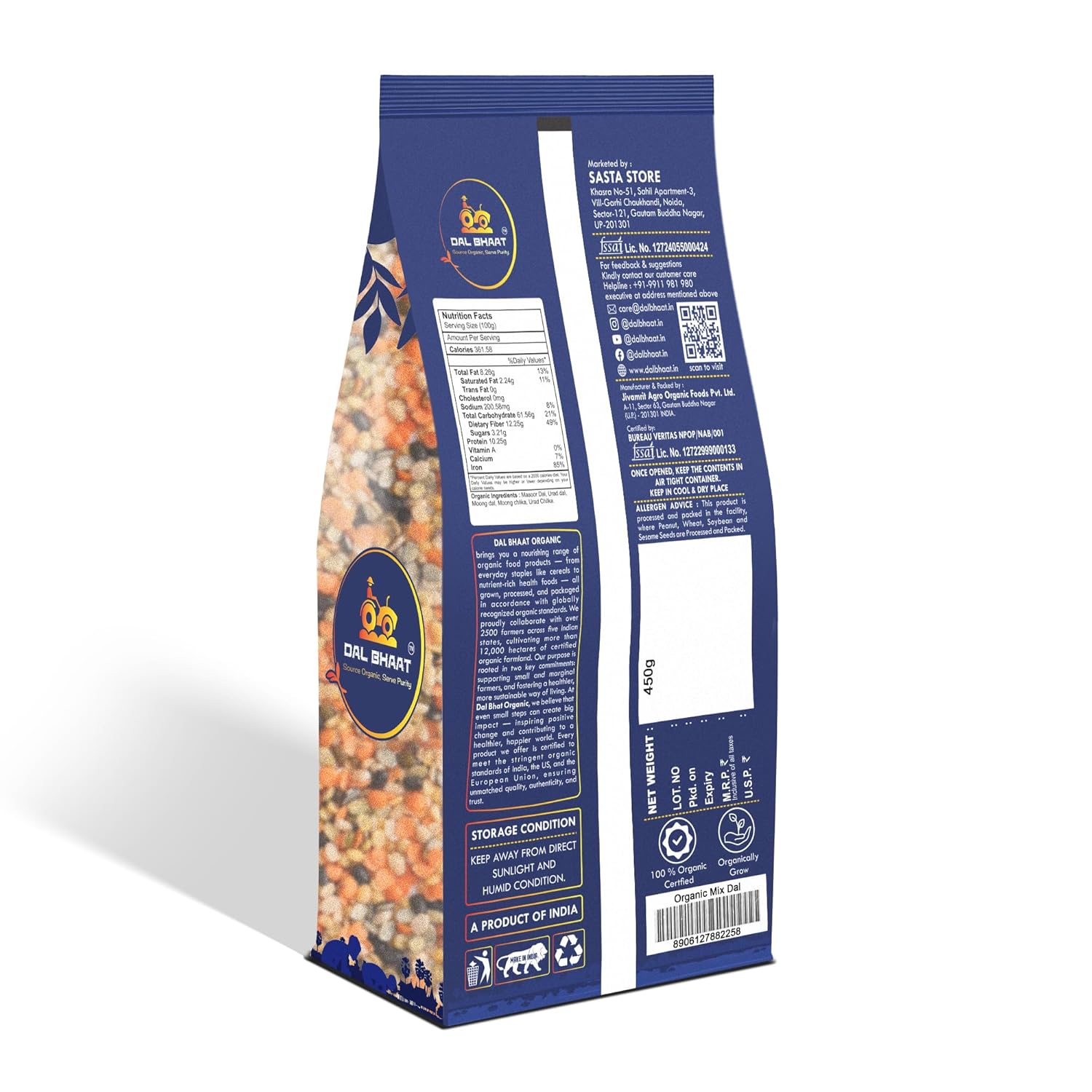 DAL BHAAT Organic Unpolished Mix Dal 450g ingredients and nutrition back side