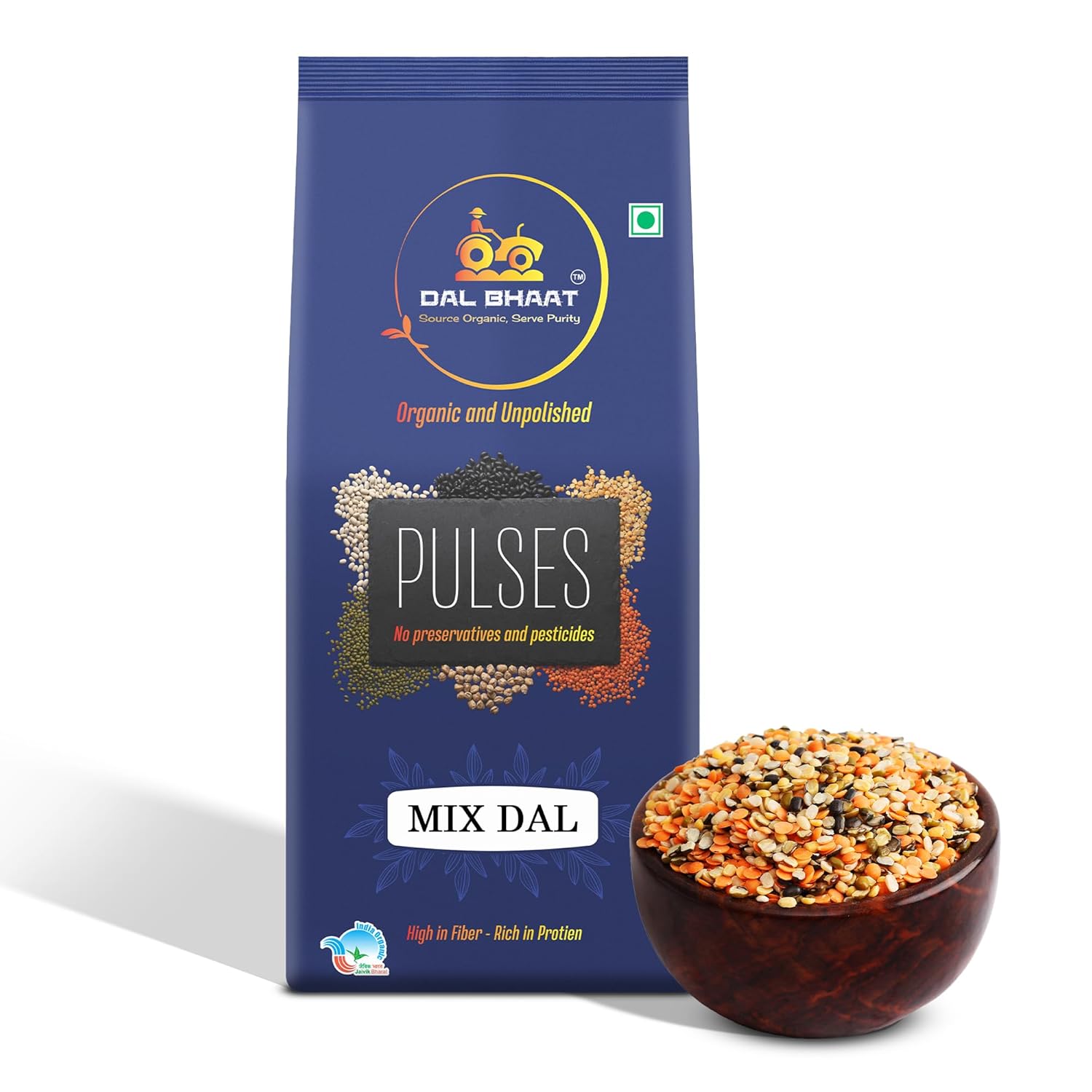 DAL BHAAT Organic Unpolished Mix Dal 450g pack front view
