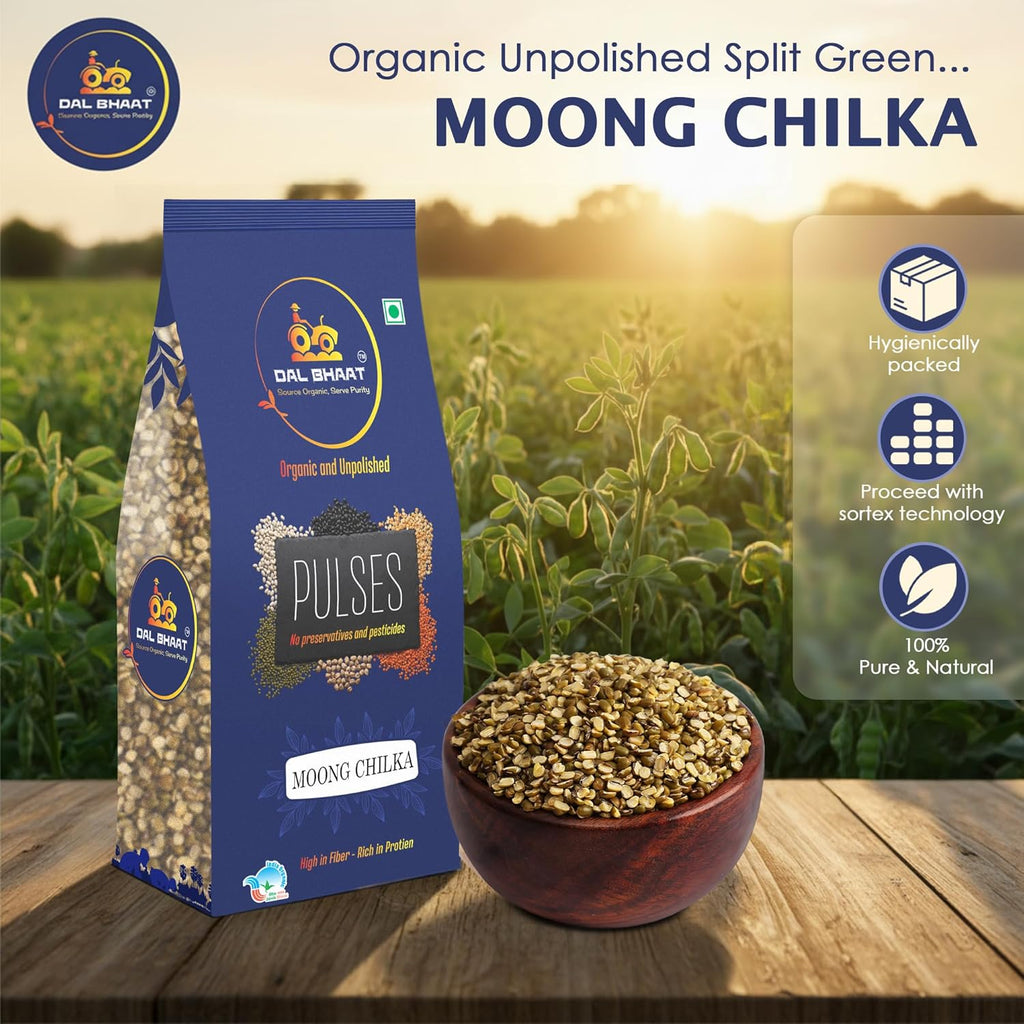 DAL BHAAT Organic Unpolished Moong Dal Chilka 450g ingredients and nutrition with bowl
