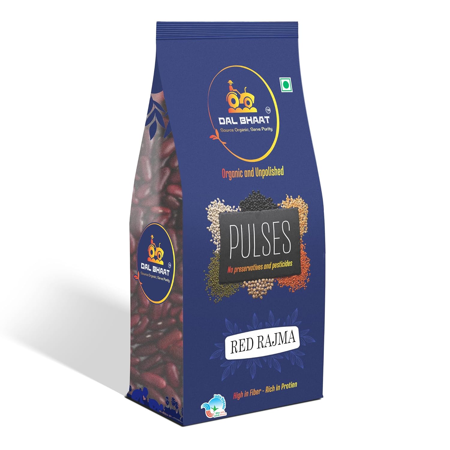 DAL BHAAT Organic Unpolished Red Rajma 450g ingredients and nutrition front view
