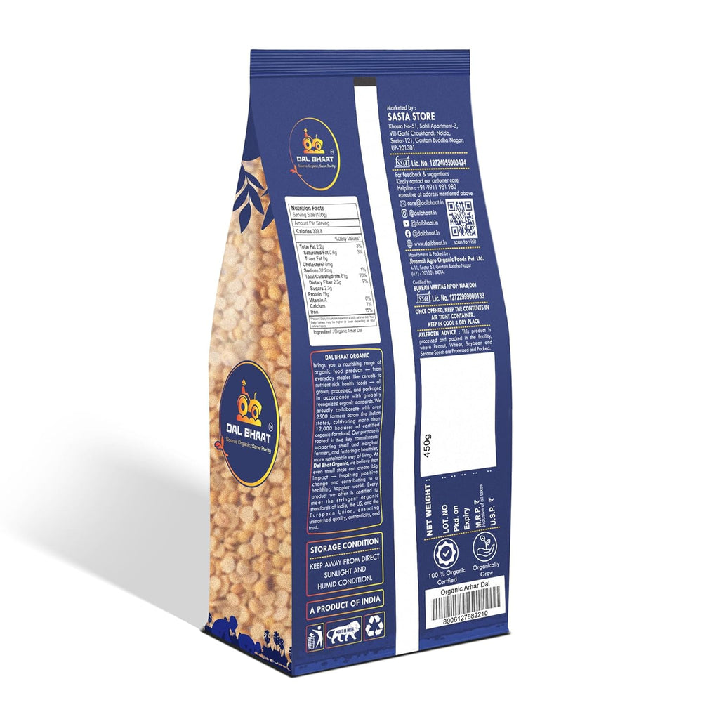 DAL BHAAT Organic Unpolished Toor Dal 450g ingredients and nutrition back side