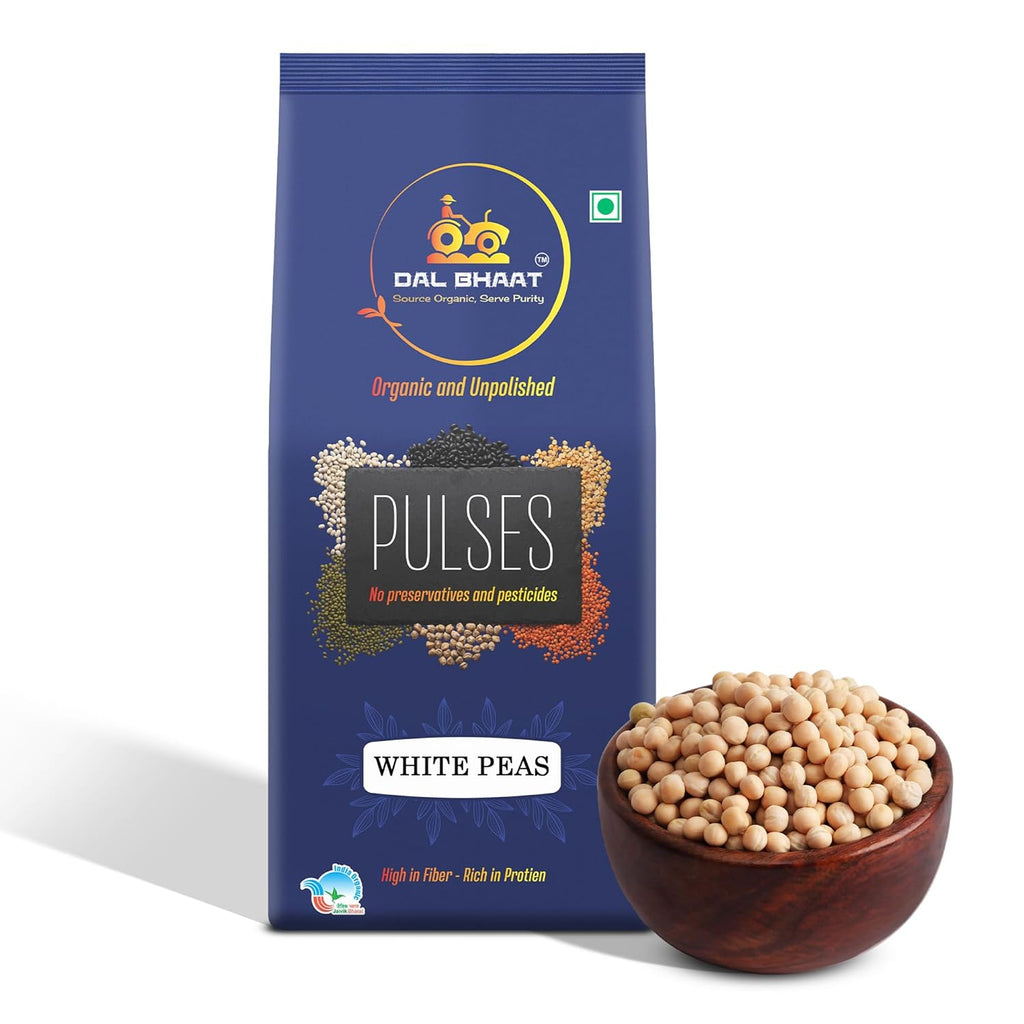 DAL BHAAT Organic Unpolished White Peas safed matar 450g pack front view