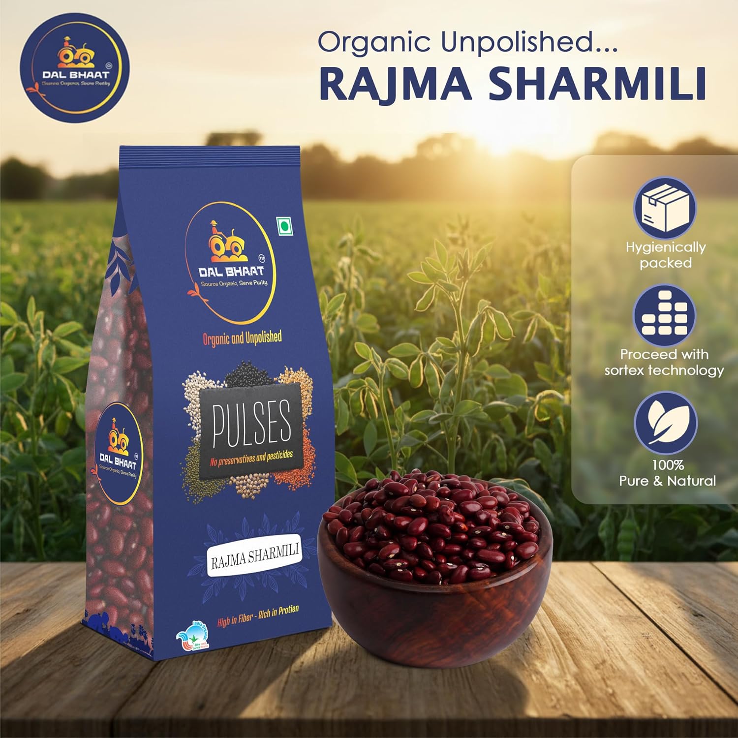 DAL BHAAT Organic Unpolished Rajma Sharmili 450g pack with kidney beans with bowl
