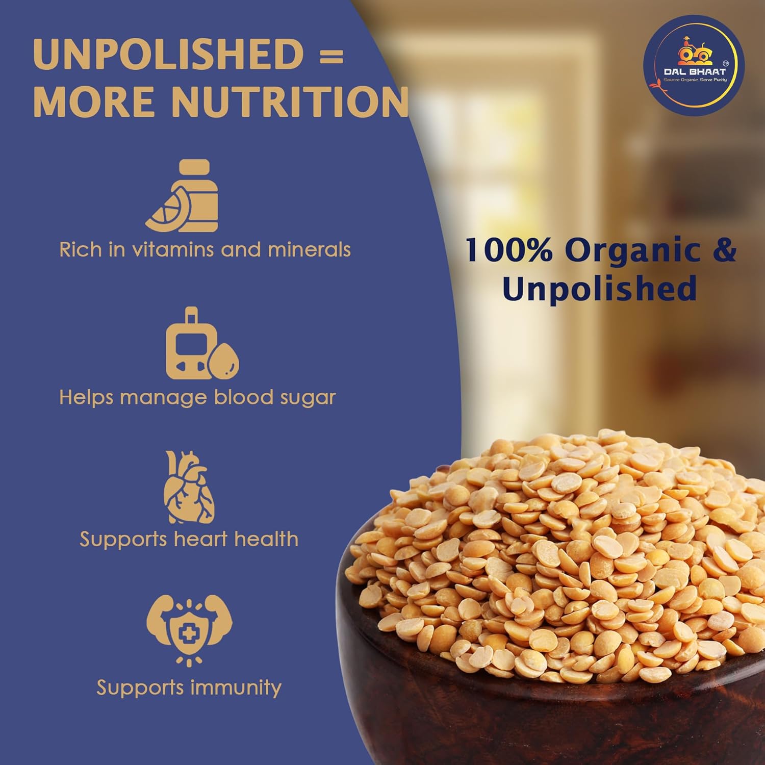 DAL BHAAT Organic Unpolished Toor Dal 450g pack with dal grains unpolished more nutrition