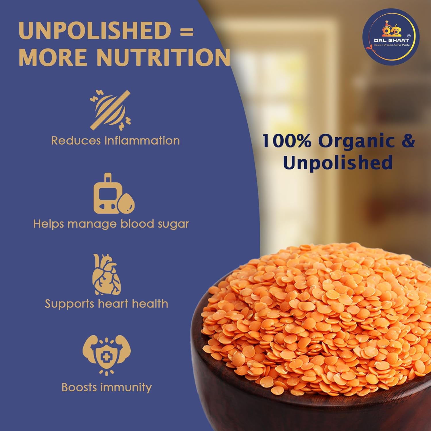 Organic masoor dal used for Indian dal tadka recipe unplolished more nutrition
