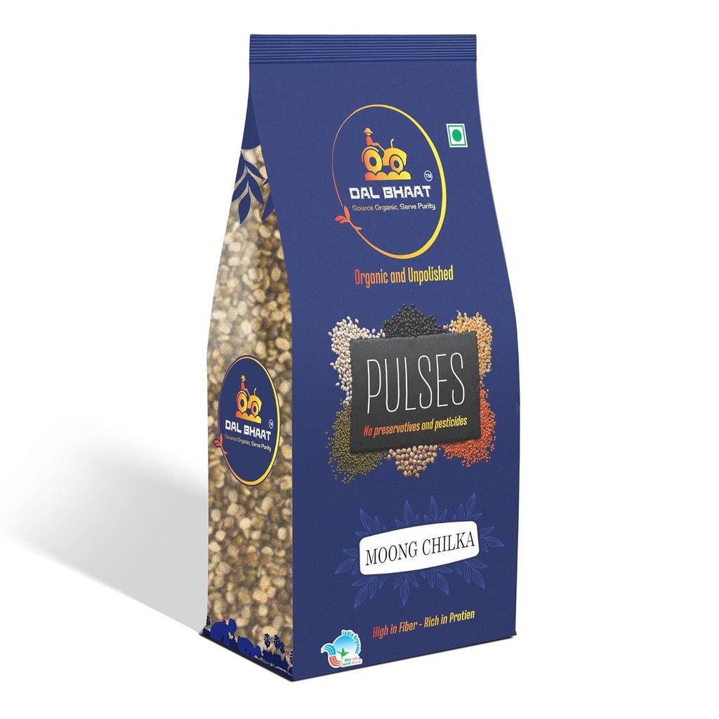 Organic unpolished moong dal chilka split green gram with skin side view
