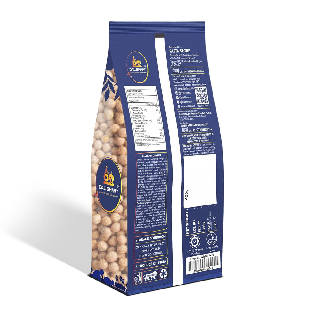 DAL BHAAT Organic Unpolished White Peas 450g ingredients and nutrition back side