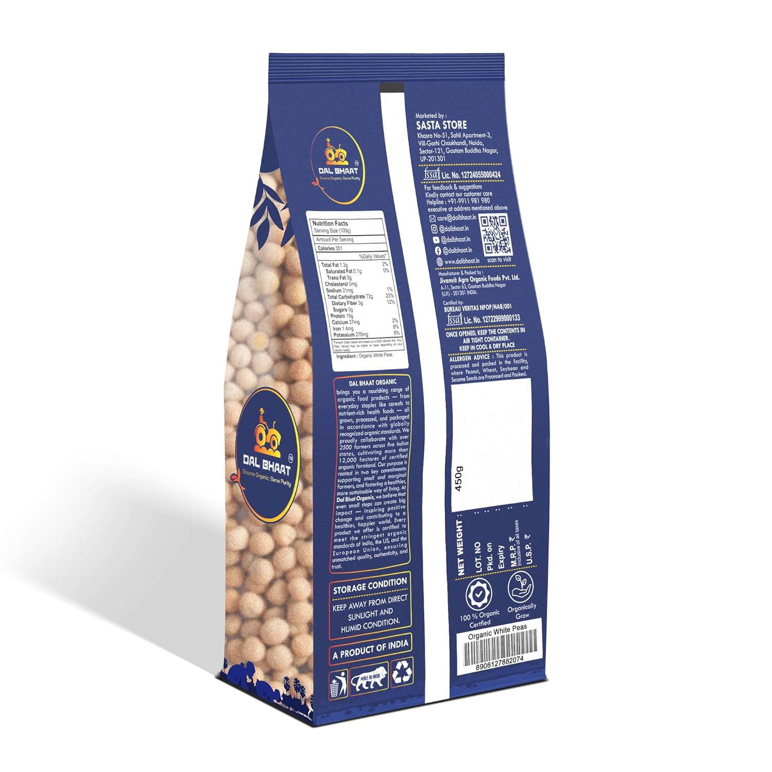 DAL BHAAT Organic Unpolished White Peas 450g ingredients and nutrition back side
